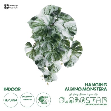 GloboStar® Artificial Garden ALBINO MONSTERA HANGING PLANT 20609 - Τεχνητό Διακοσμητικό Κρεμαστό Φυτό Μονστέρα Υ45cm